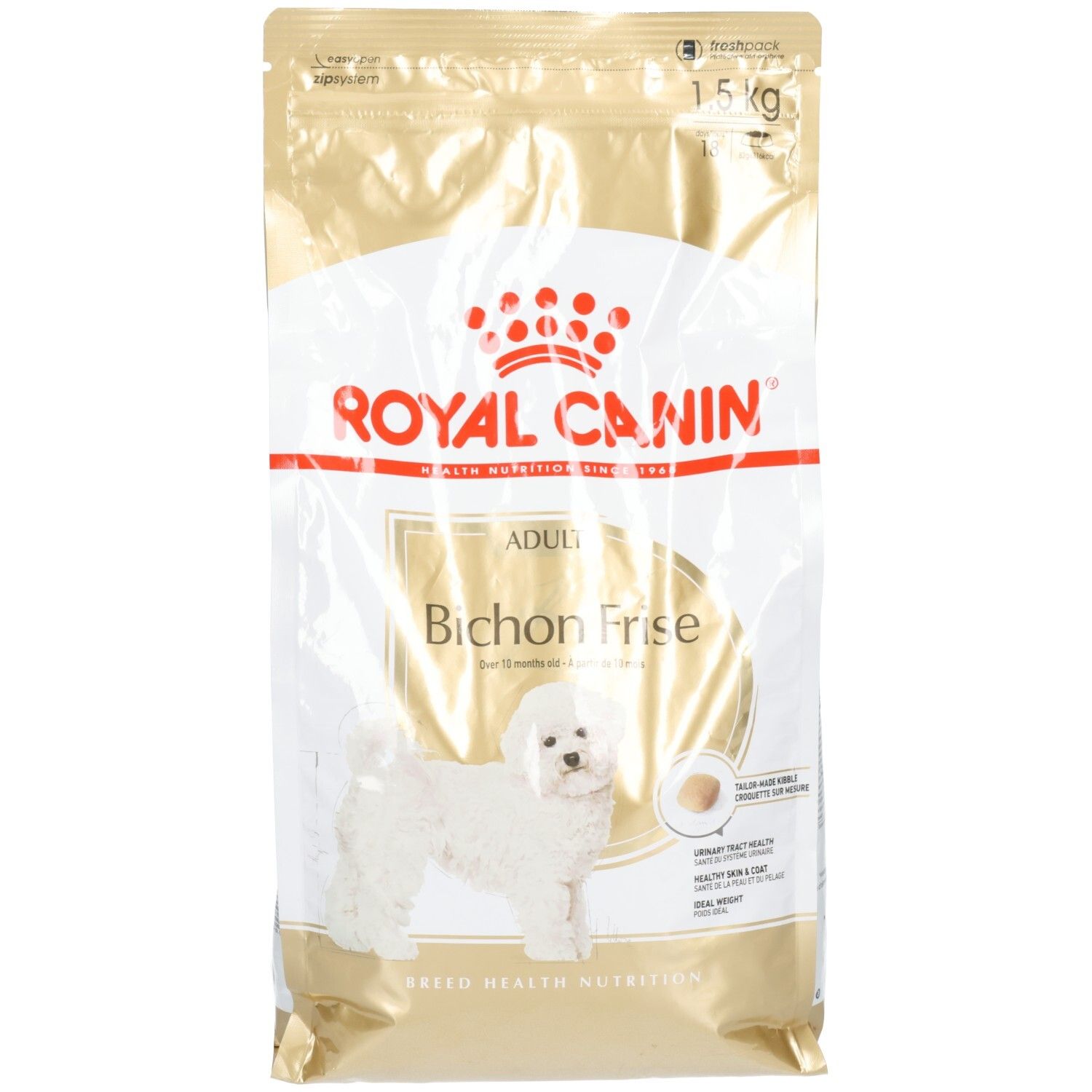 Royal Canin Bichon Frise Adult Hundefutter, 1,5 kg Beutel mit Hundebild und Produktinformationen.