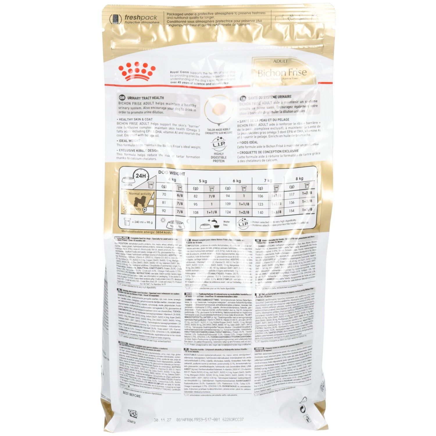 Rückseite des Royal Canin Bichon Frise Adult Futtersacks mit detaillierten Fütterungsempfehlungen und Inhaltsstoffen.