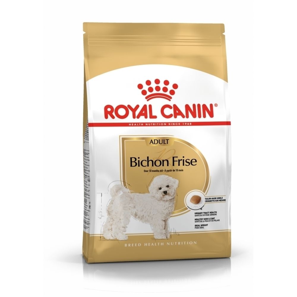 Royal Canin Adult Bichon Frise Hundefutter-Packung mit Hundebild.
