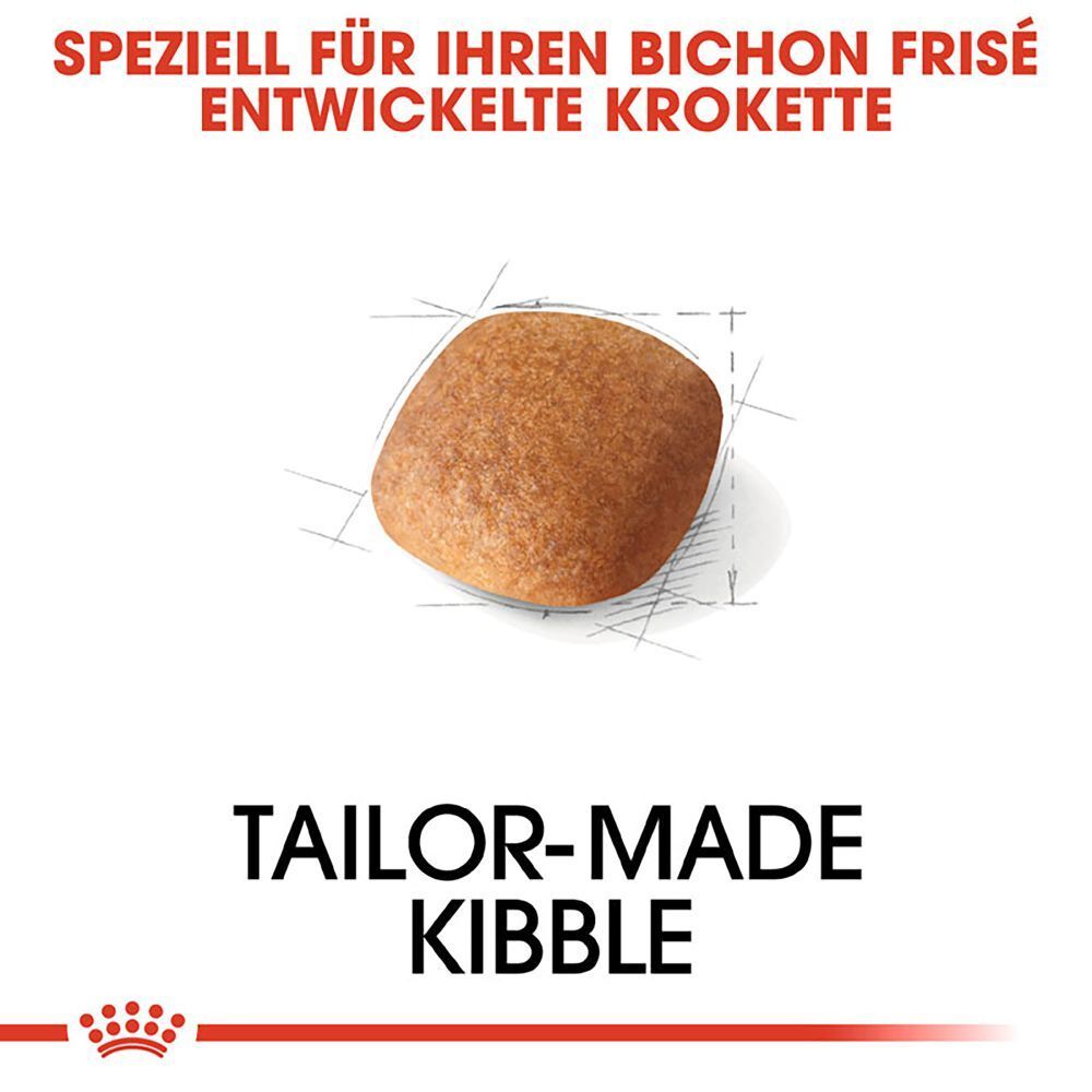 Eine einzelne Kroketten-Futterportion für Hunde, mit technischen Zeichnungen.