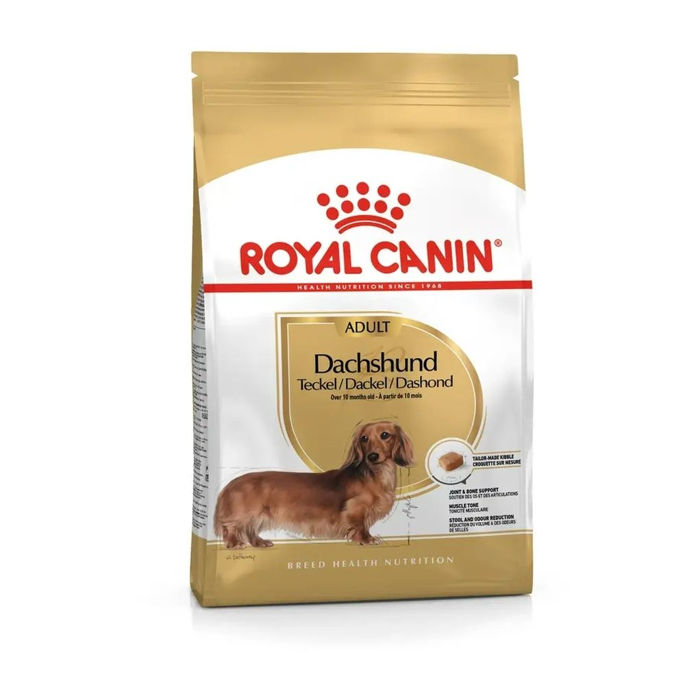 Royal Canin Dachshund Adult Hundefutter-Packung mit Bild eines Dackels und Produktinformationen.