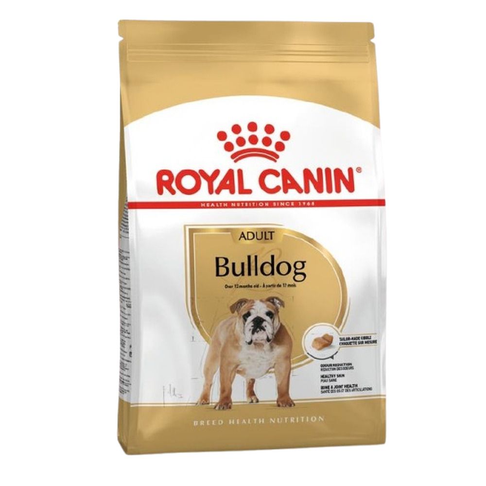 Sac de nourriture pour chien Royal Canin Adult Bulldog avec illustration de bouledogue.