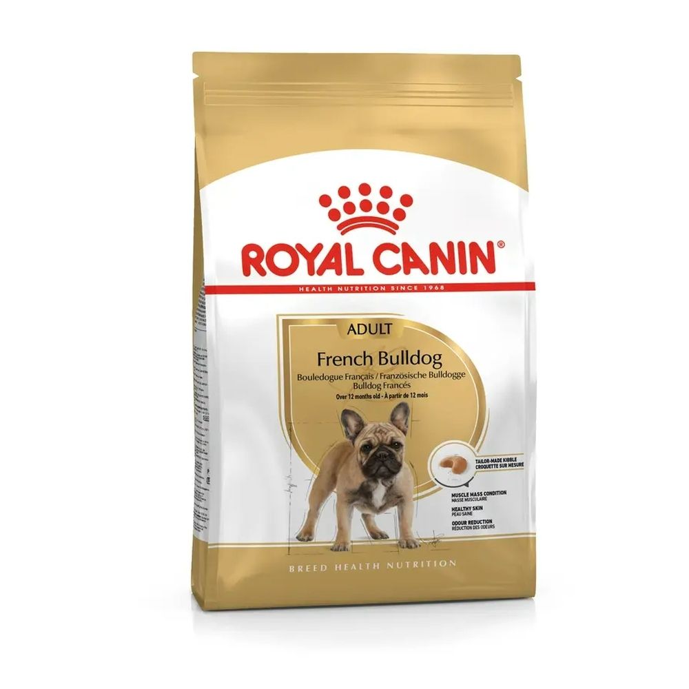 Royal Canin French Bulldog Adult Hundefutter-Packung mit Bild eines French Bulldogs.
