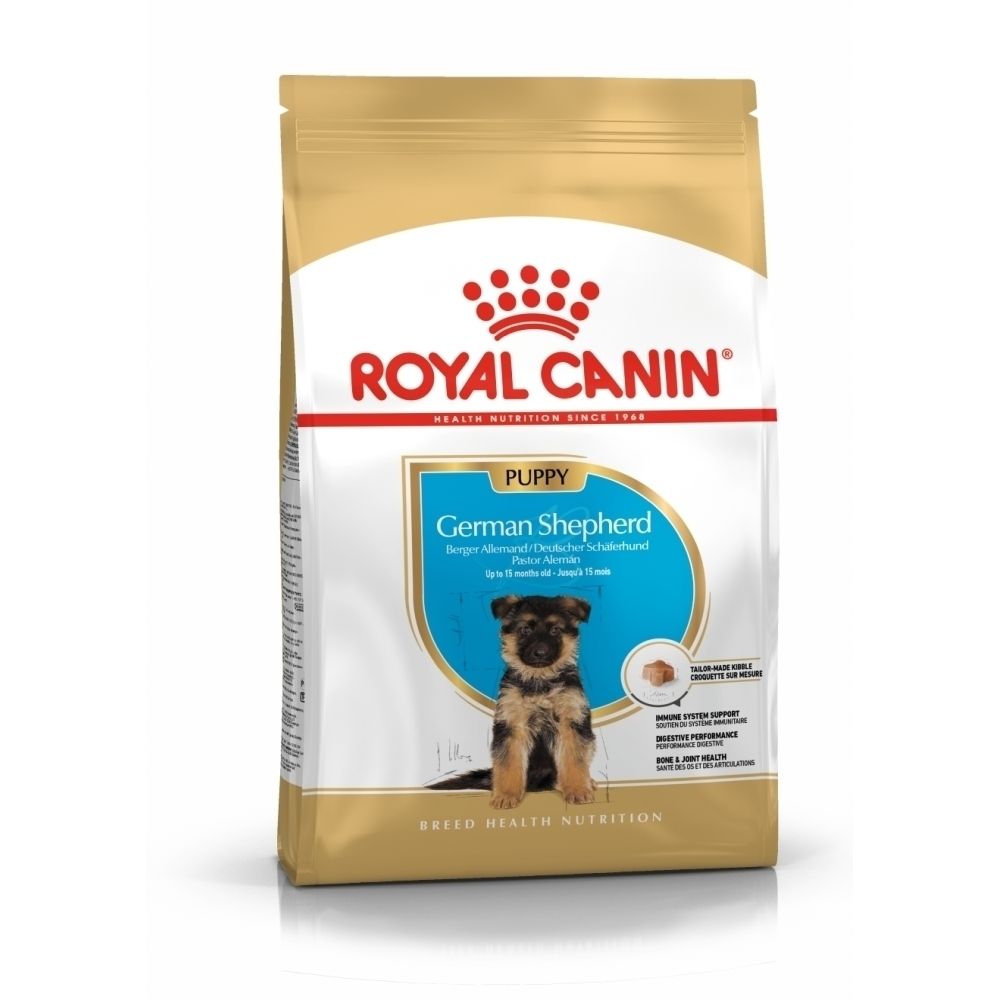 Sac Royal Canin German Shepherd Puppy avec croquettes sur mesure et soutien immunitaire.