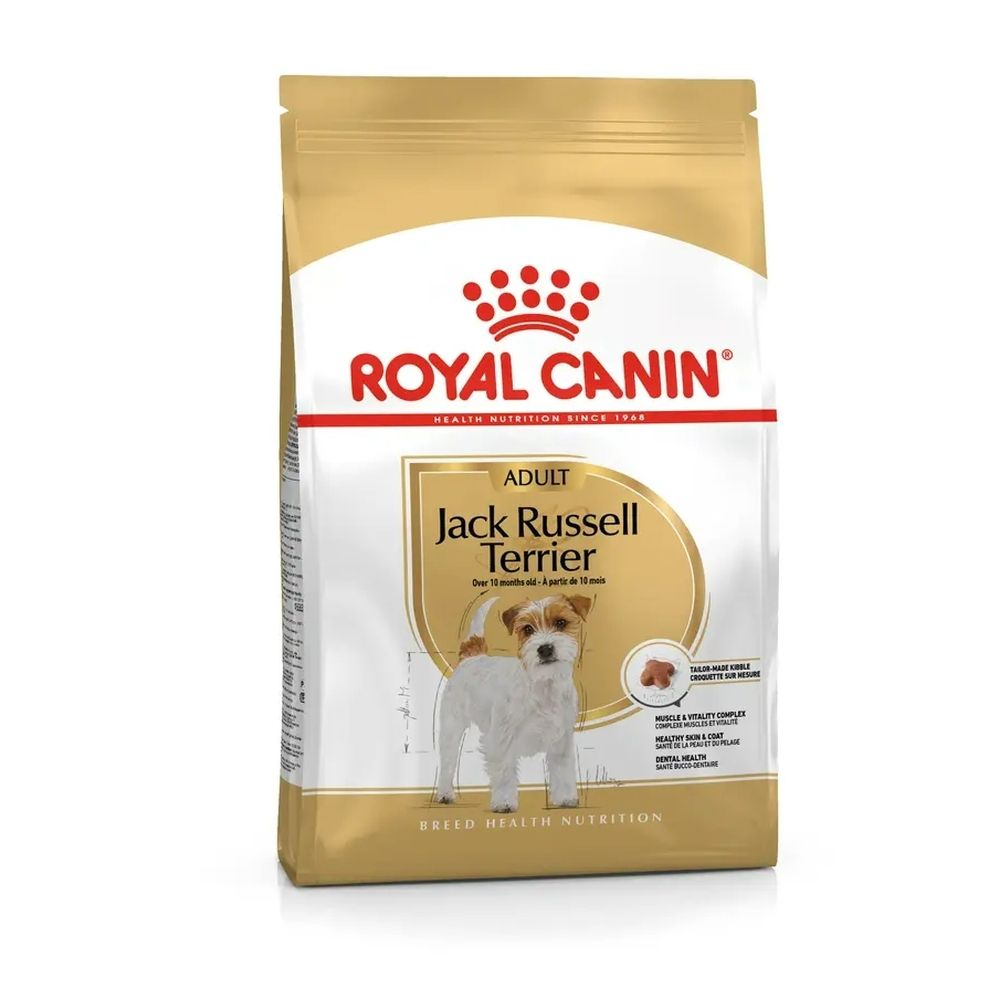 Sac de nourriture Royal Canin Jack Russell Terrier Adulte avec image de chien.