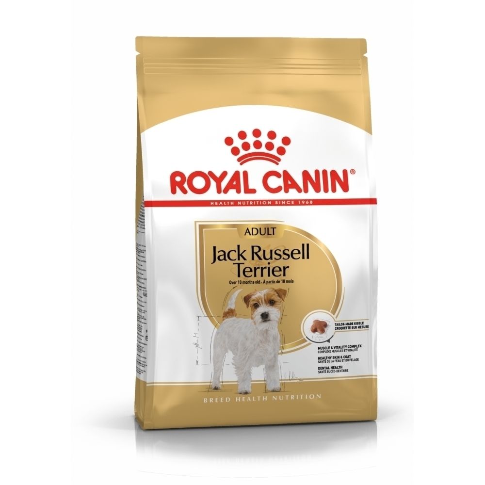Royal Canin Jack Russell Terrier Adult Hundefutter-Beutel mit Hundebild.