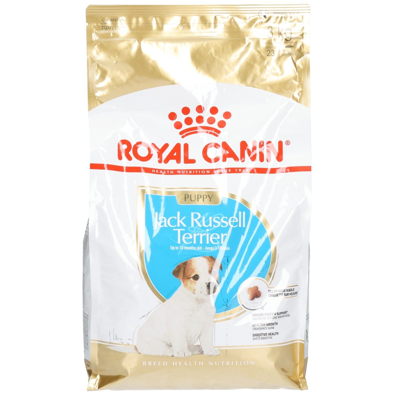 Royal Canin Jack Russell Terrier Puppy Futter, 3kg Beutel mit Welpenbild und Produktinformationen.