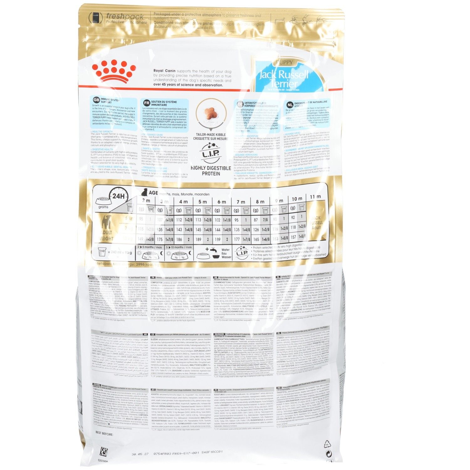 Rückseite des Royal Canin Jack Russell Terrier Puppy Futtersacks mit Fütterungstabelle und detaillierten Produktinformationen.