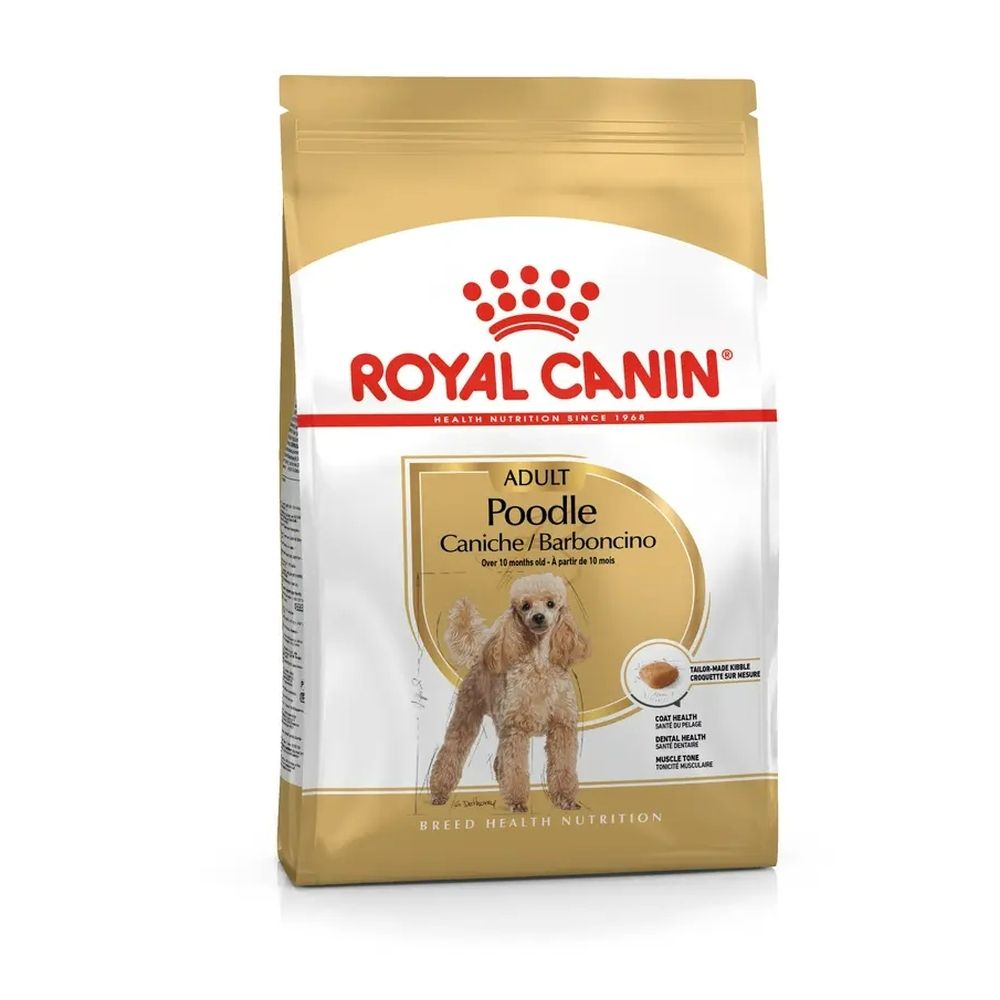 Royal Canin Adult Poodle Hundefutter-Sack mit Pudel-Abbildung und Produktinformationen.