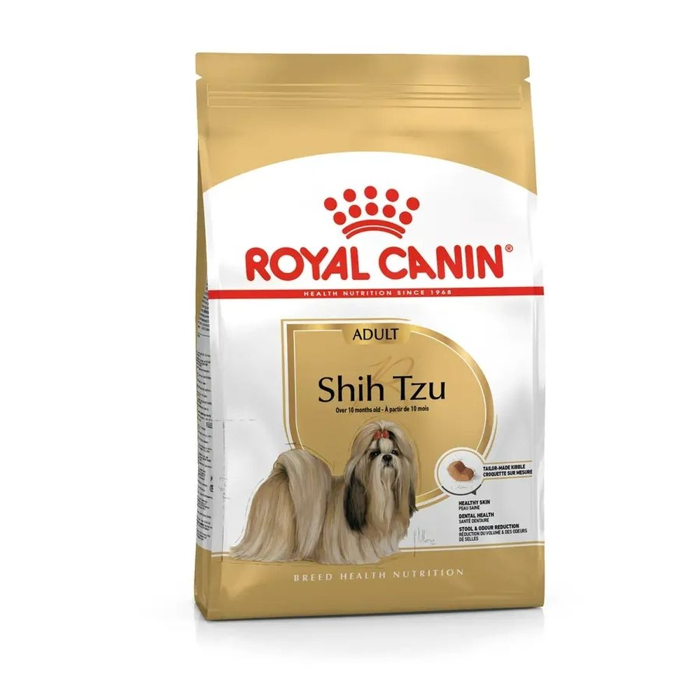 Sac de nourriture Royal Canin Shih Tzu Adulte avec image de chien et informations produit.