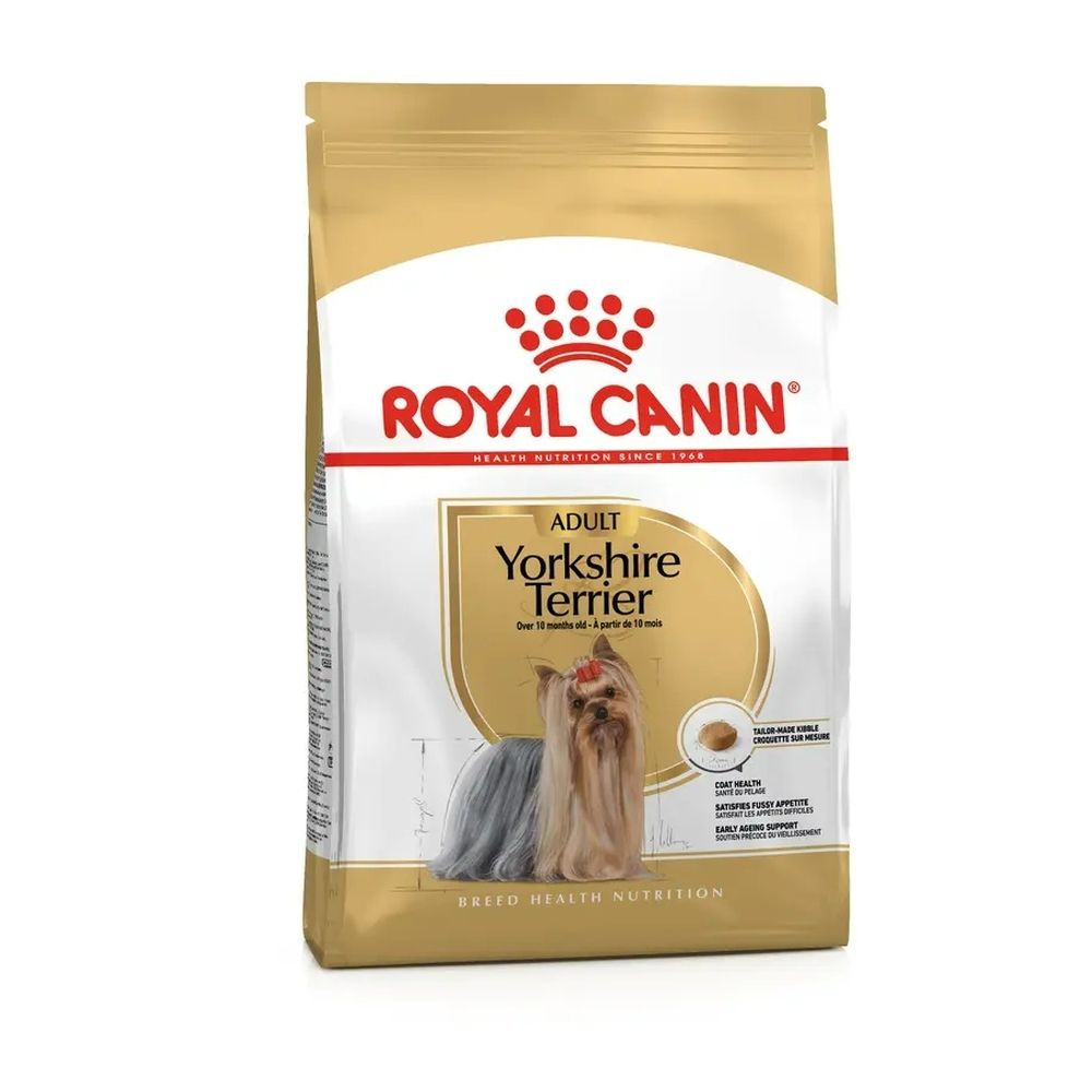 Royal Canin Yorkshire Terrier Adult Hundefutter-Beutel mit Bild eines Yorkshire Terriers.
