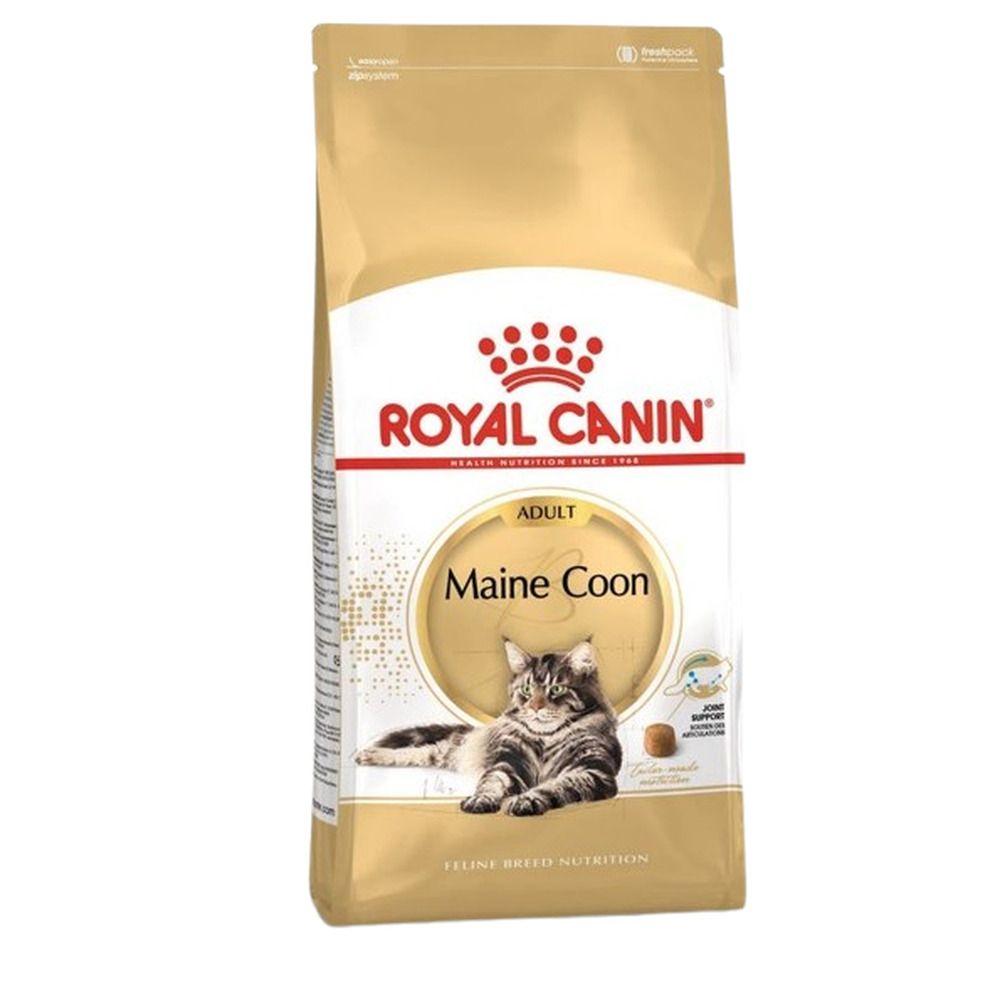 Sac de nourriture pour chat Royal Canin Maine Coon Adulte avec image de chat et informations produit.