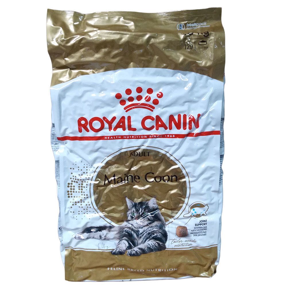 Royal Canin Maine Coon Adult Katzenfutter-Packung mit Bild einer Katze und Produktinformationen.
