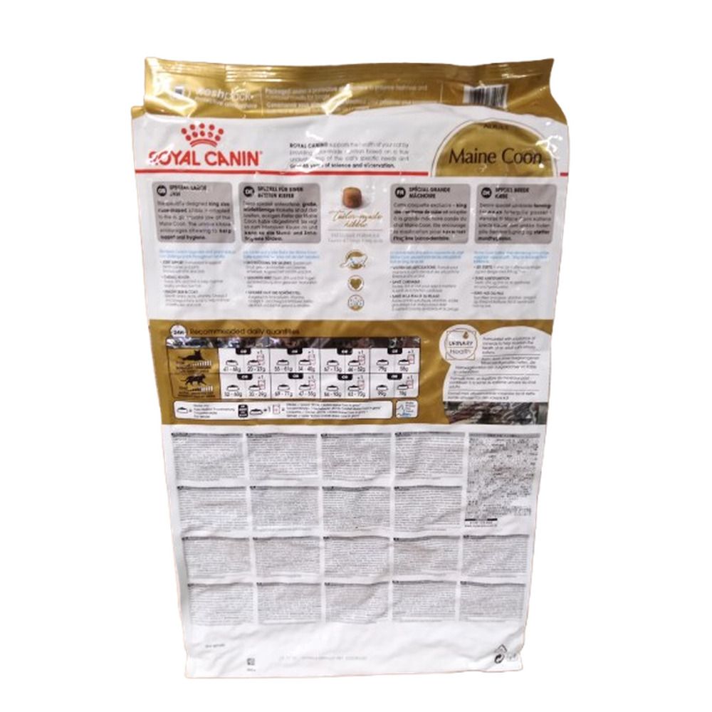 Rückseite einer Royal Canin Maine Coon Adult Katzenfutter-Packung mit detaillierten Informationen und Fütterungstabellen.