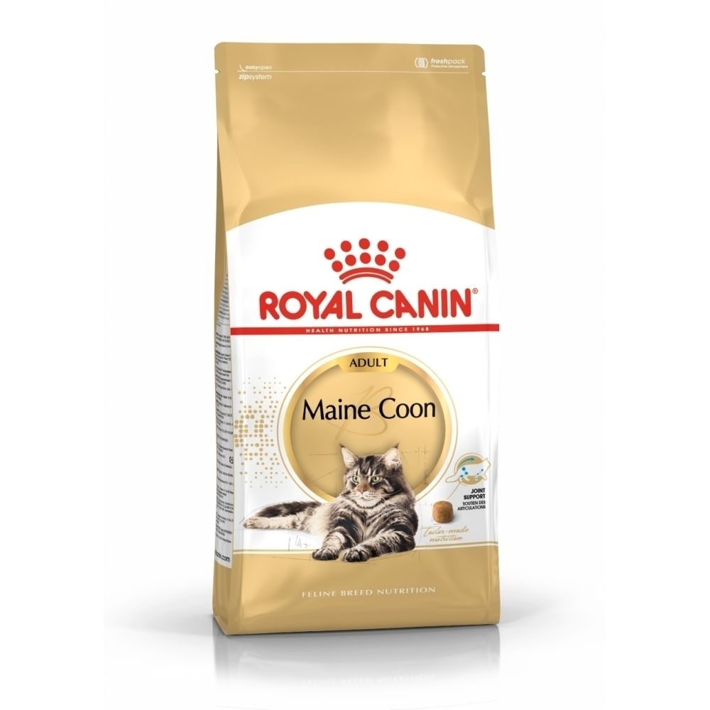 Goldene Verpackung Royal Canin Maine Coon Adult Katzenfutter mit Bild einer Katze.