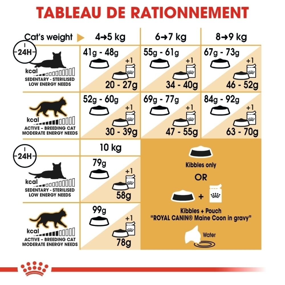 Fütterungstabelle für Katzen nach Gewicht und Aktivitätslevel, mit Mengenangaben für Trocken- und Nassfutter.