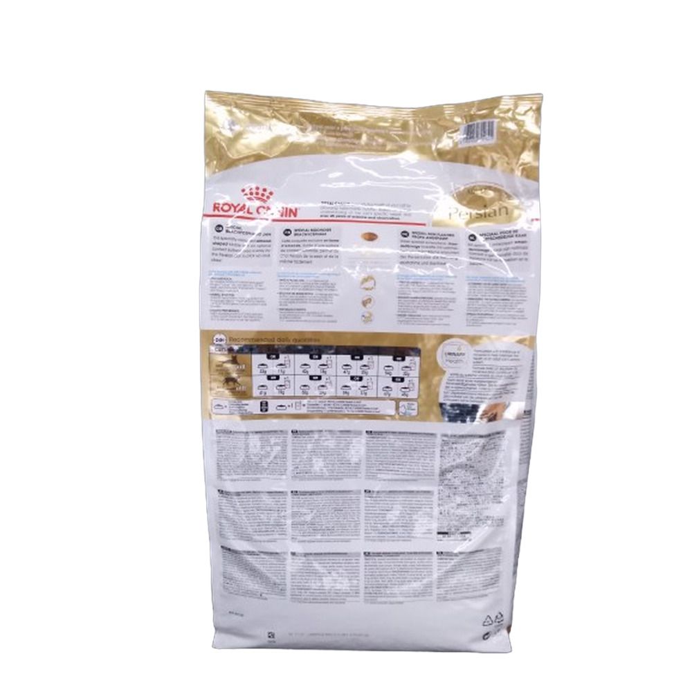 Rückseite eines Royal Canin Persian Adult 10kg Katzentrockenfutter-Sacks mit Nährwertangaben und Anleitungen.