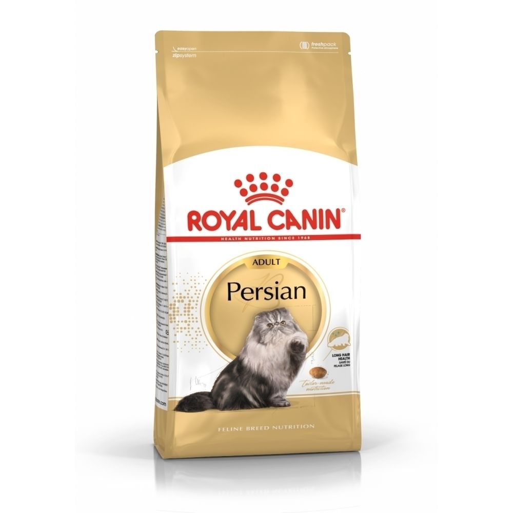 Goldene Verpackung für Royal Canin Persian Adult Katzennahrung mit Bild einer Katze.
