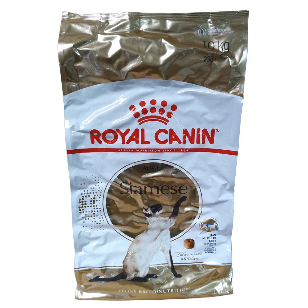 Royal Canin Siamese Adult Trockenfutter-Beutel, 10 kg. Gold- und weißer Beutel mit Bild einer Siamkatze.
