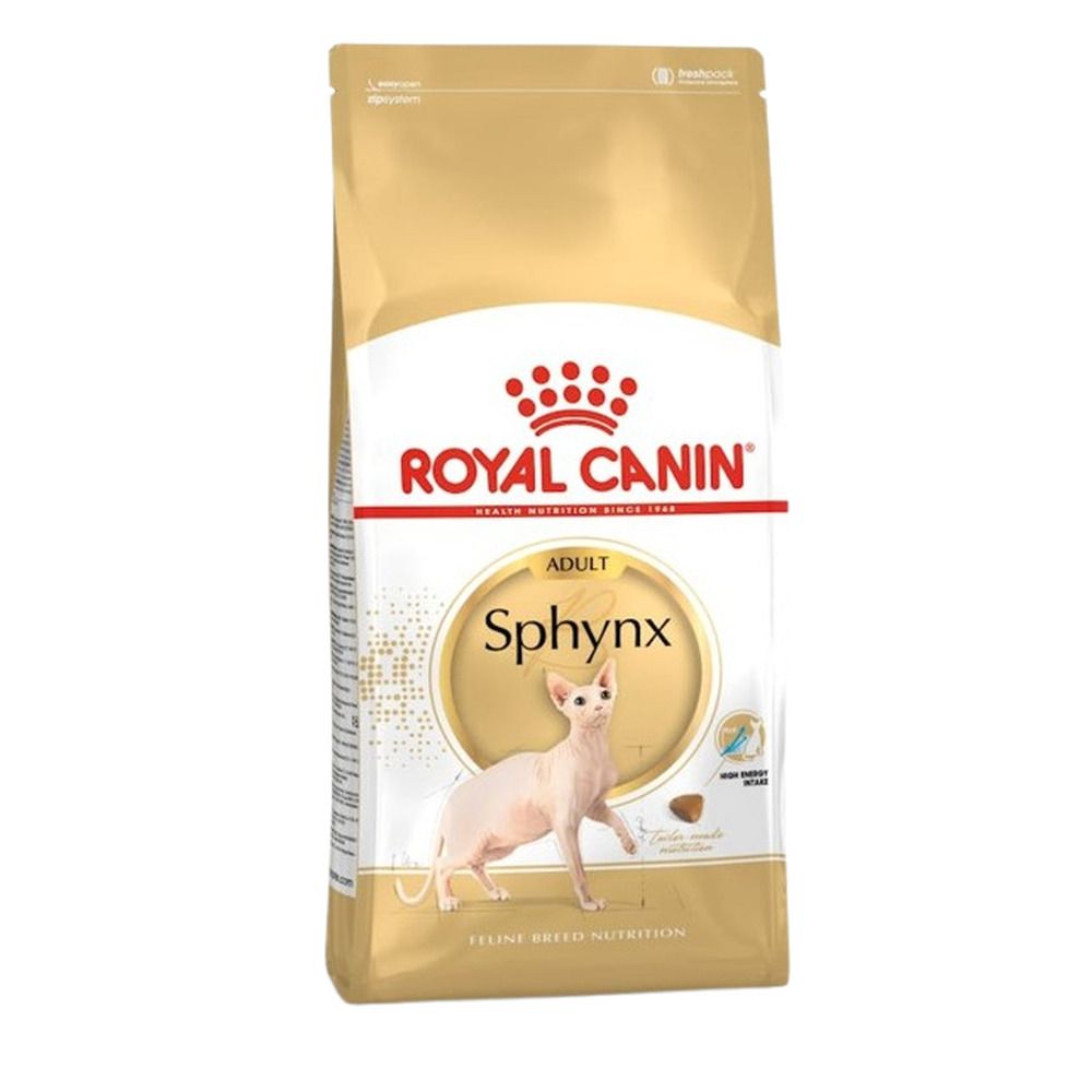 Sacs de croquettes Royal Canin Sphynx Adulte 10kg, avec un chat Sphynx et des informations produit.