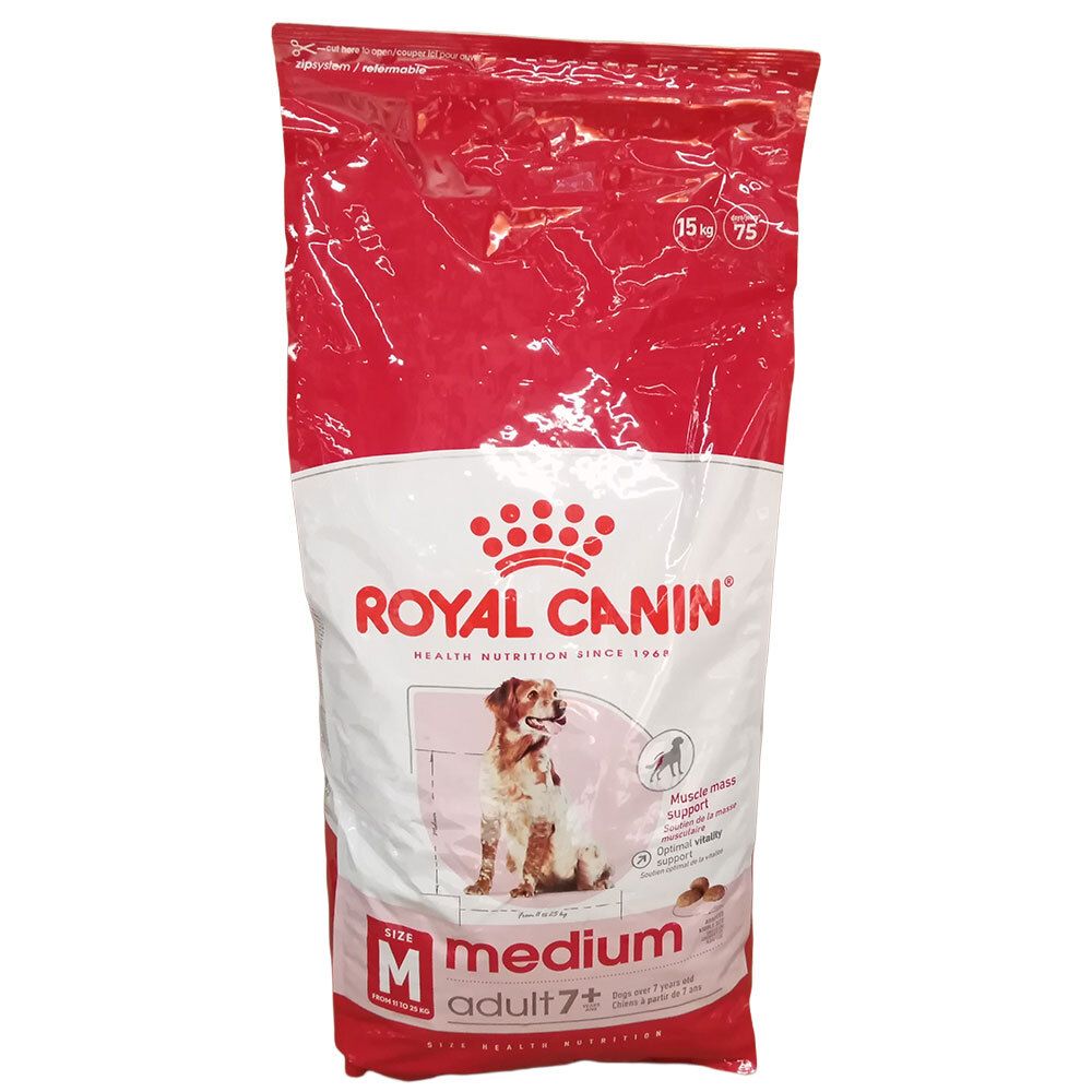 Royal Canin Medium Adult 7+ Hundefutter-Sack mit Abbildung eines Hundes und Produktinformationen.