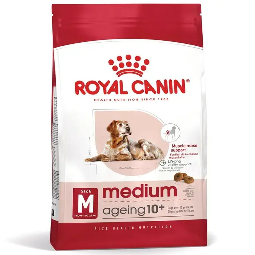Royal Canin Medium Ageing 10+ Hundefutter-Sack mit Abbildung eines Hundes und Produktinformationen.