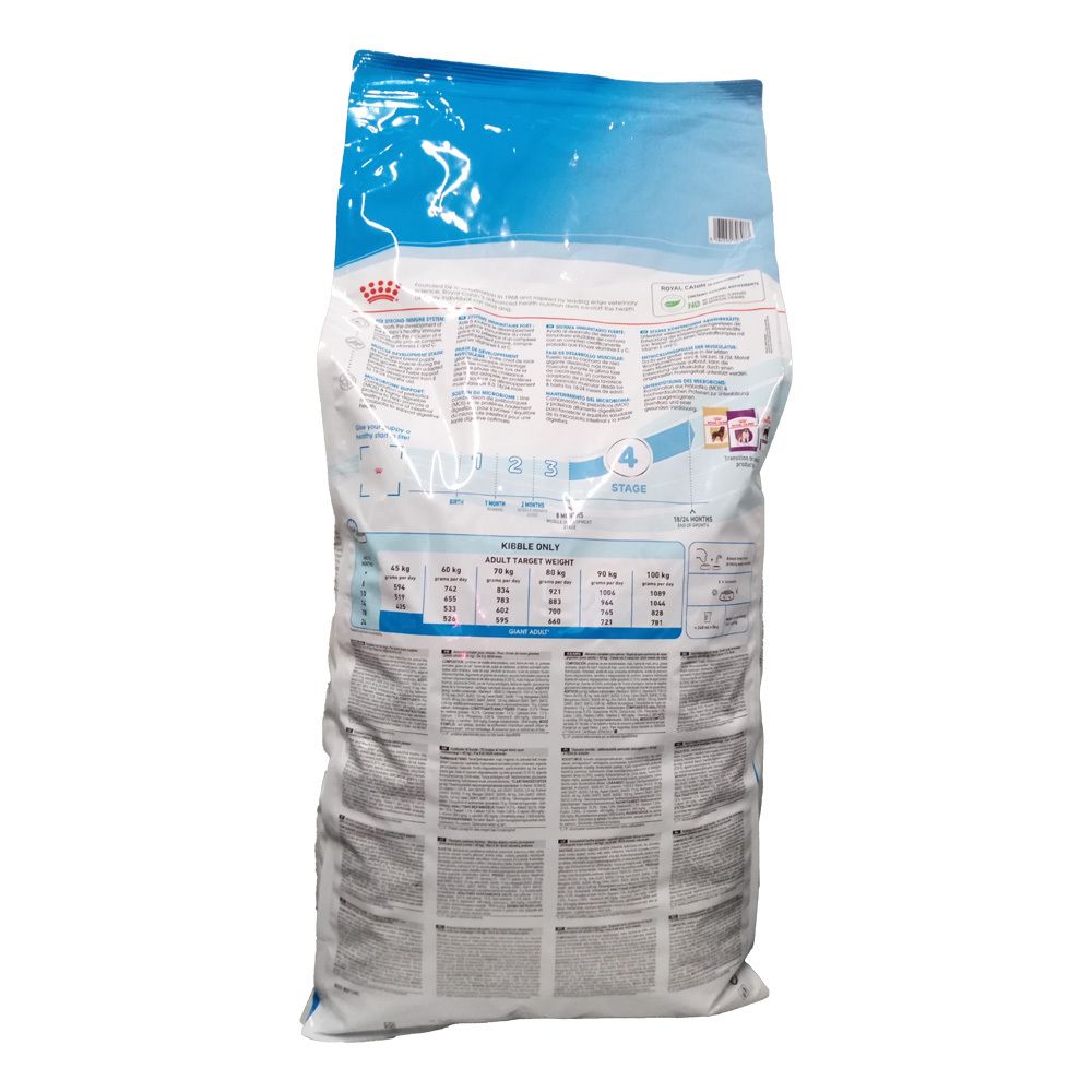 Rückseite einer großen Tüte Royal Canin Hundefutter mit Fütterungstabellen und Produktinformationen.