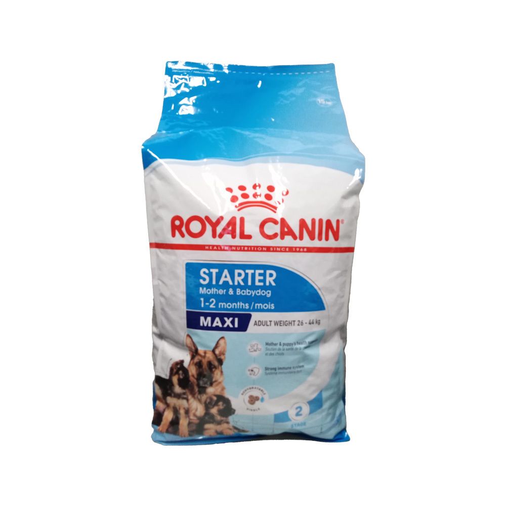Vorderseite einer Royal Canin Hundefutterpackung für Maxi-Welpen von 1-2 Monaten.
