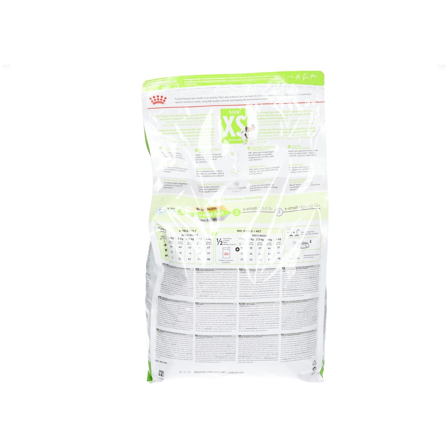 Rückseite einer Royal Canin X-Small Adult Hundefutter-Packung mit detaillierten Fütterungstabellen und Produktinformationen.