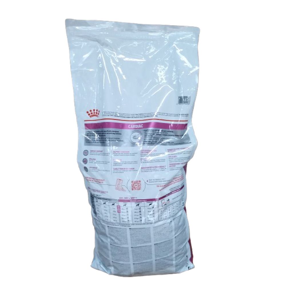 Rückseite eines 4 kg Beutels Royal Canin Veterinary Cardiac Hundefutter mit Nährwertangaben.
