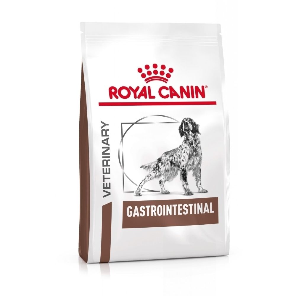 Royal Canin Veterinary Gastrointestinal Hundefutter-Beutel mit Hundebild.