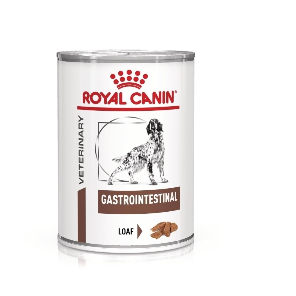 Une boîte de nourriture humide Royal Canin Veterinary Gastrointestinal, face avant avec image de chien.
