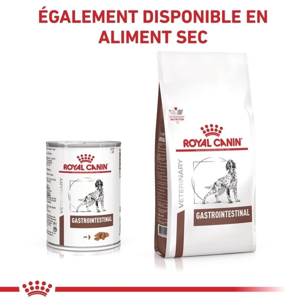 Une boîte de nourriture humide Royal Canin Veterinary Gastrointestinal, vue latérale avec informations détaillées.