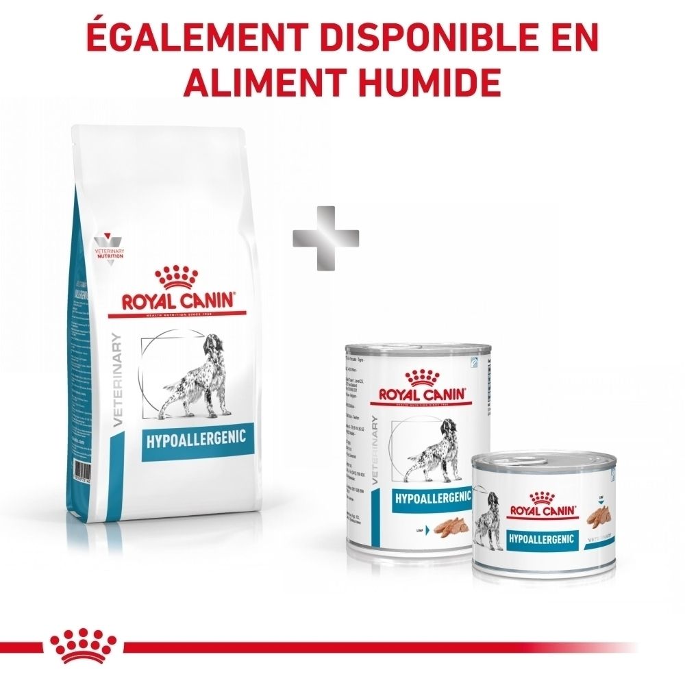 Sac de nourriture pour chien "ROYAL CANIN VETERINARY HYPOALLERGENIC" en gros plan.