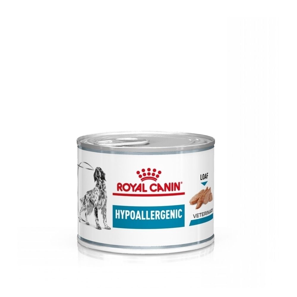 Une boîte de nourriture vétérinaire ROYAL CANIN Hypoallergenic avec motif de chien.