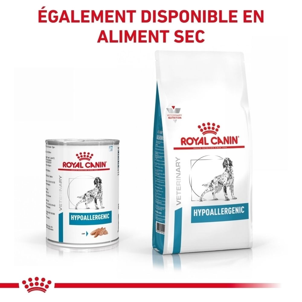 Nourriture vétérinaire Royal Canin Hypoallergénique en conserve.