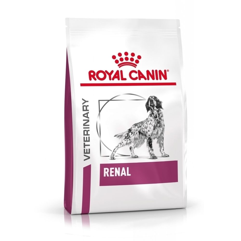 Sac de croquettes Royal Canin Veterinary Renal pour chien, avec image de chien.