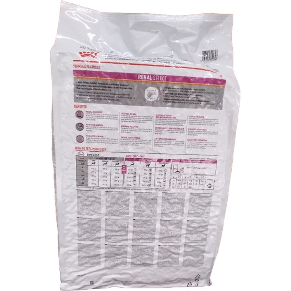 Rückseite eines 10 kg Sackes Royal Canin VETERINARY NUTRITION Renal Select Hundefutter mit Nährwertangaben.