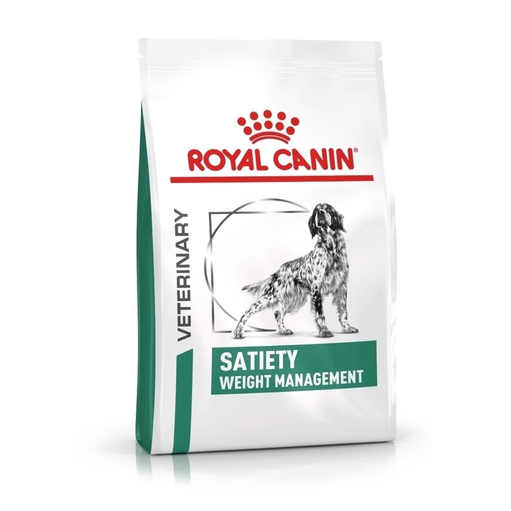 Avant d'un sac de nourriture pour chien Royal Canin Satiety Weight Management avec image de chien et nom du produit.