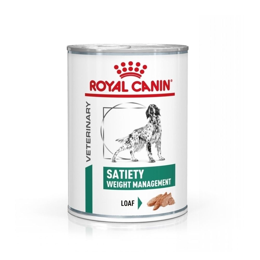 Boîte de nourriture vétérinaire ROYAL CANIN Satiety Weight Management avec image de chien et informations produit.
