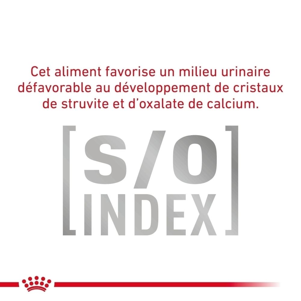 L'indice S/O ROYAL CANIN favorise un milieu urinaire défavorable aux cristaux de struvite et d'oxalate.