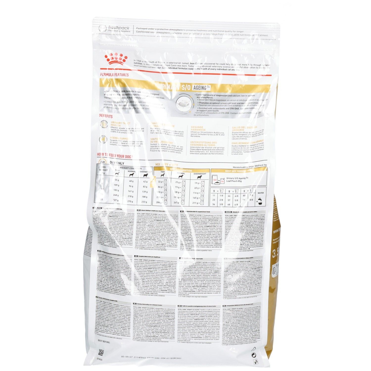 Rückseite eines Royal Canin Urinary S/O Ageing Hundefutter-Beutels mit Nährwerttabellen und Text.