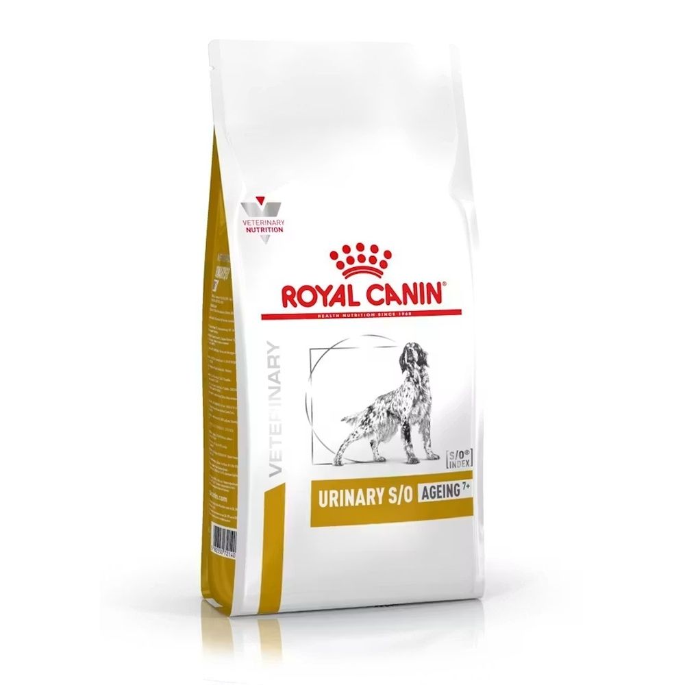 Sac de croquettes Royal Canin Urinary S/O Ageing+ avec illustration de chien.