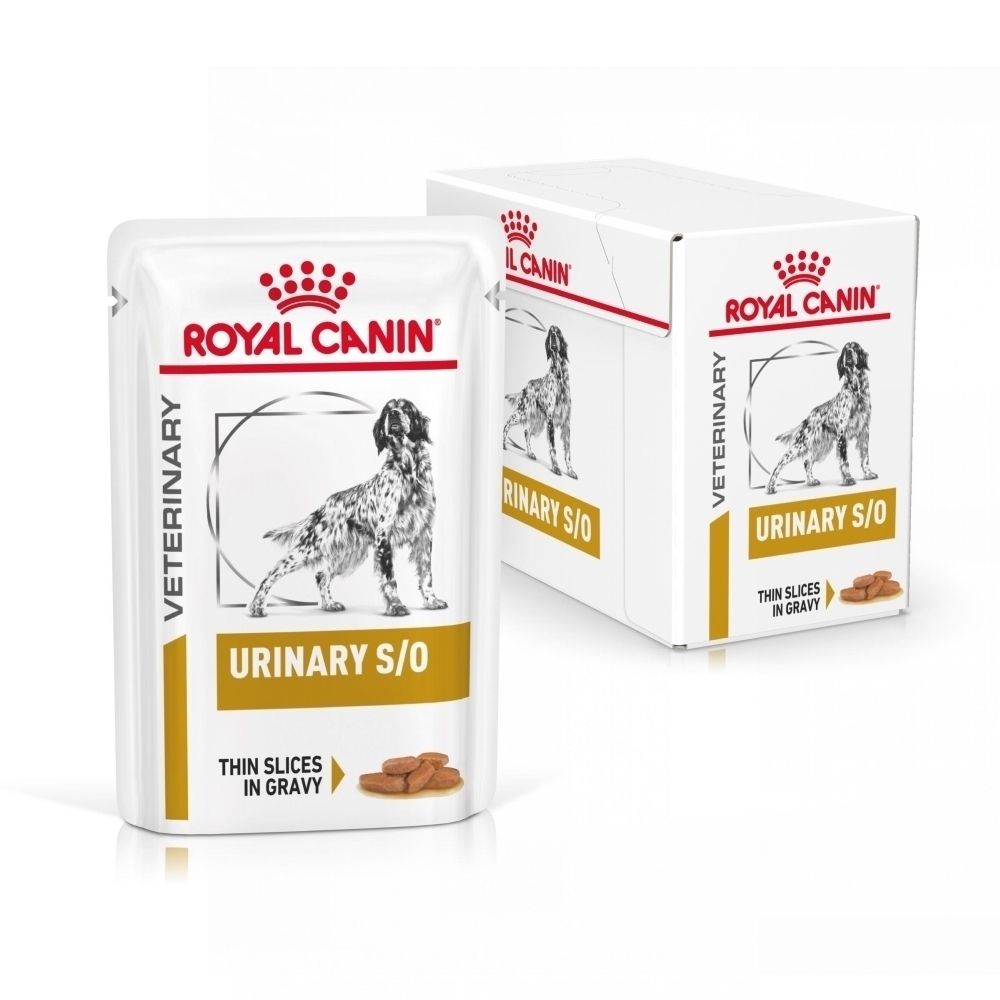 Sachet et boîte de nourriture pour chien ROYAL CANIN Veterinary Urinary S/O Moderate Calorie.