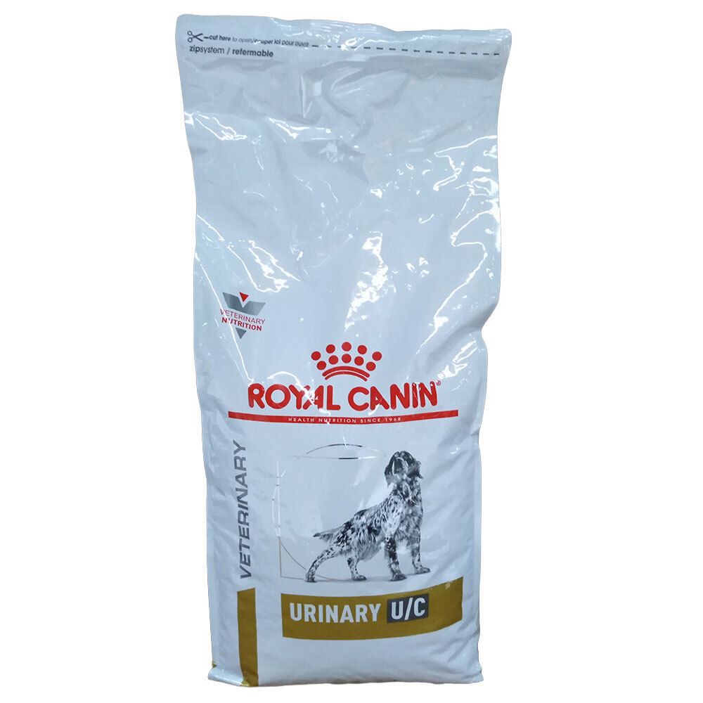 Royal Canin Veterinary Urinary U/C Hundefutter-Sack mit Hundebild.