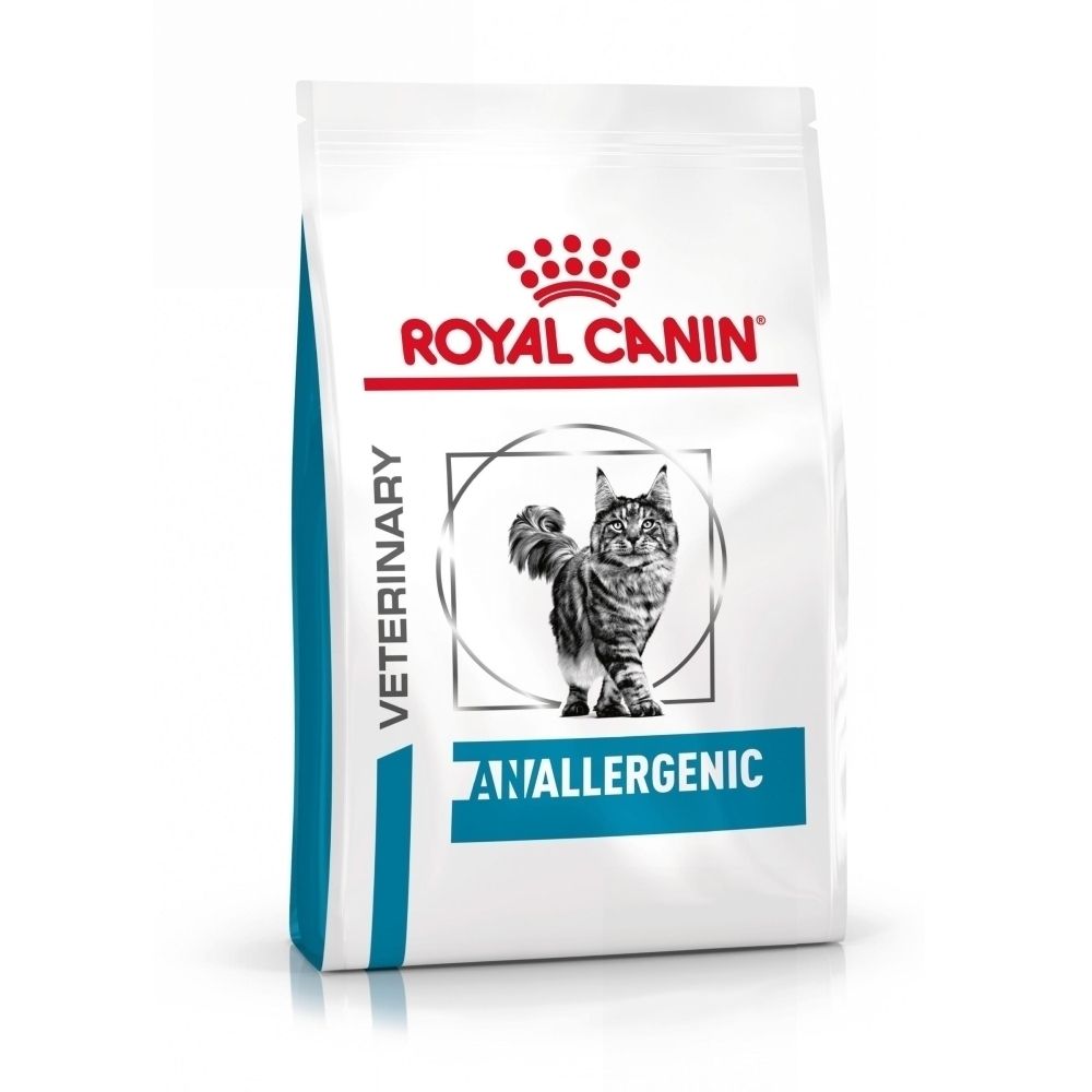 Royal Canin Veterinary Anallergenic Katzenfutter-Packung mit Katzenabbildung.