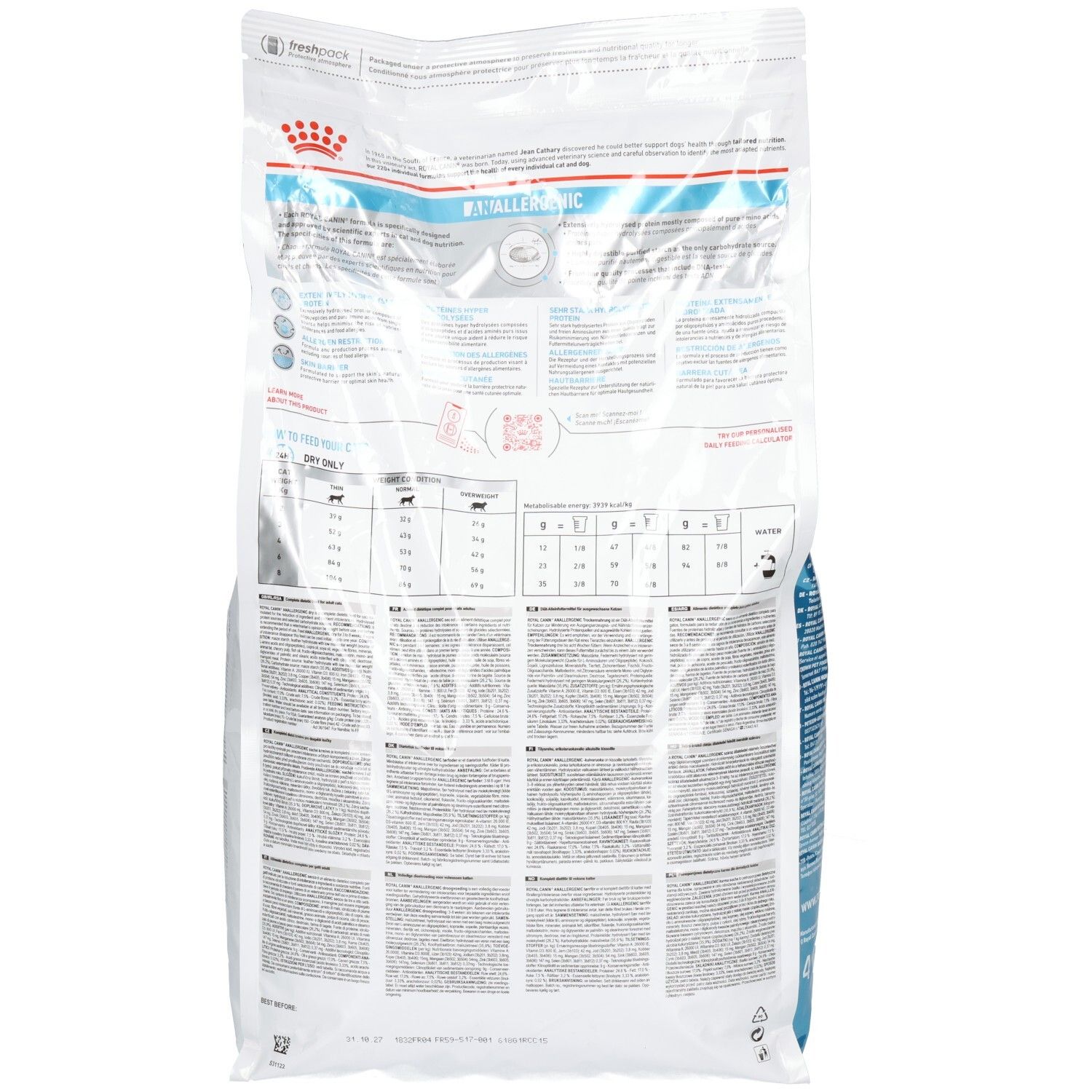 Rückseite eines 4 kg Beutels Royal Canin Anallergenic Katzenfutter mit Nährwertangaben.