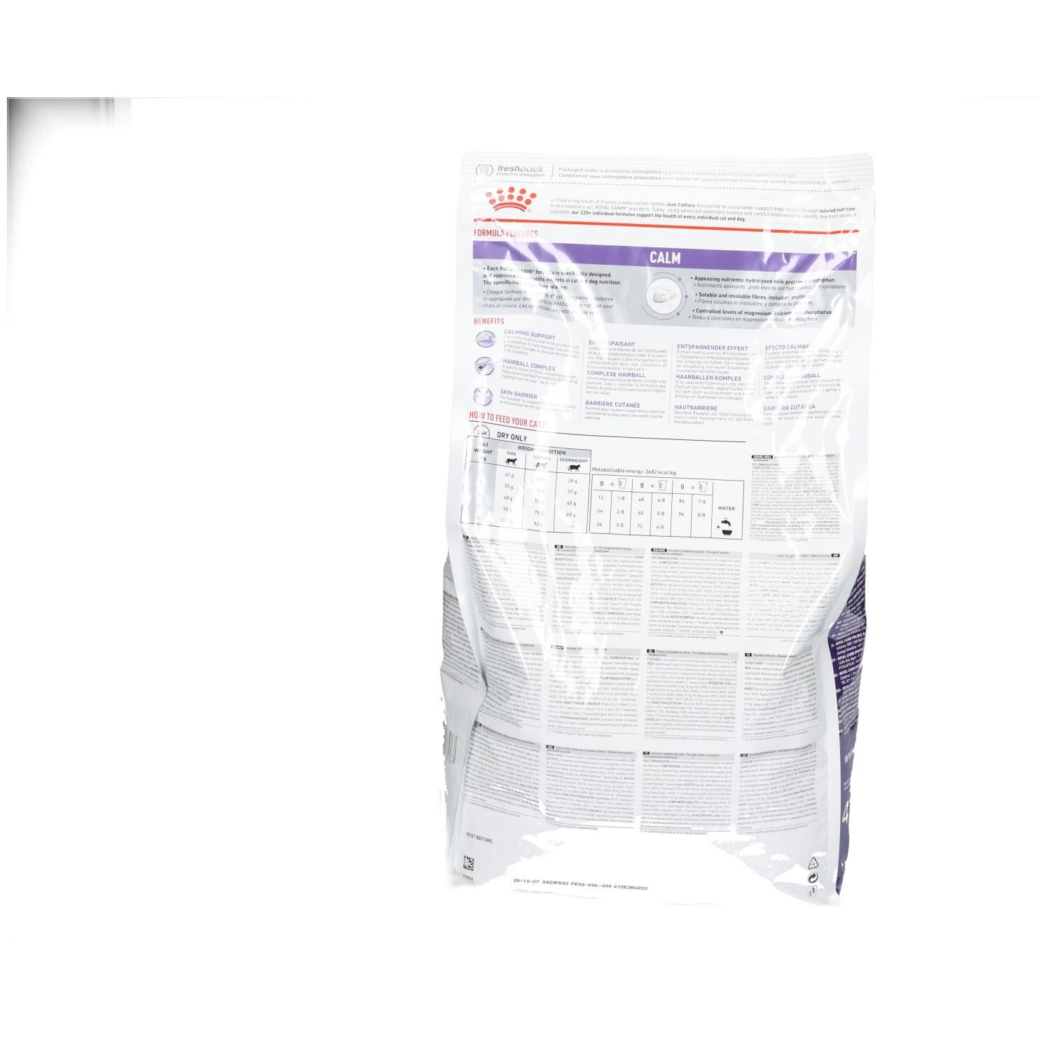 Rückseite eines Royal Canin VET-C Calm 4kg Beutels mit detaillierten Fütterungstabellen und Produktinformationen.