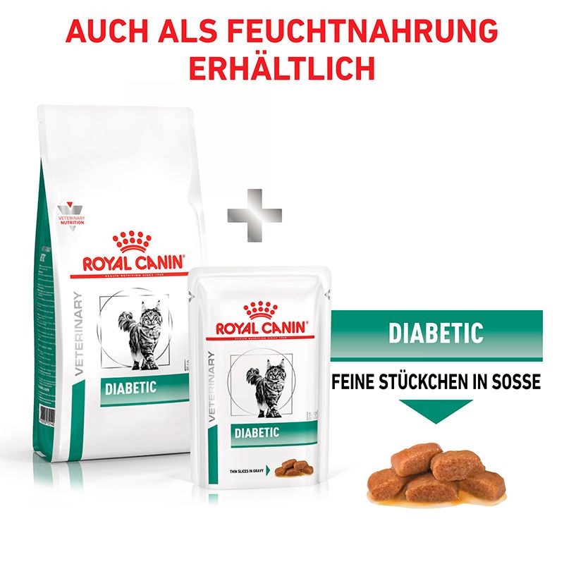Royal Canin Diabetic Trockennahrung und Feuchtnahrung in Soße.