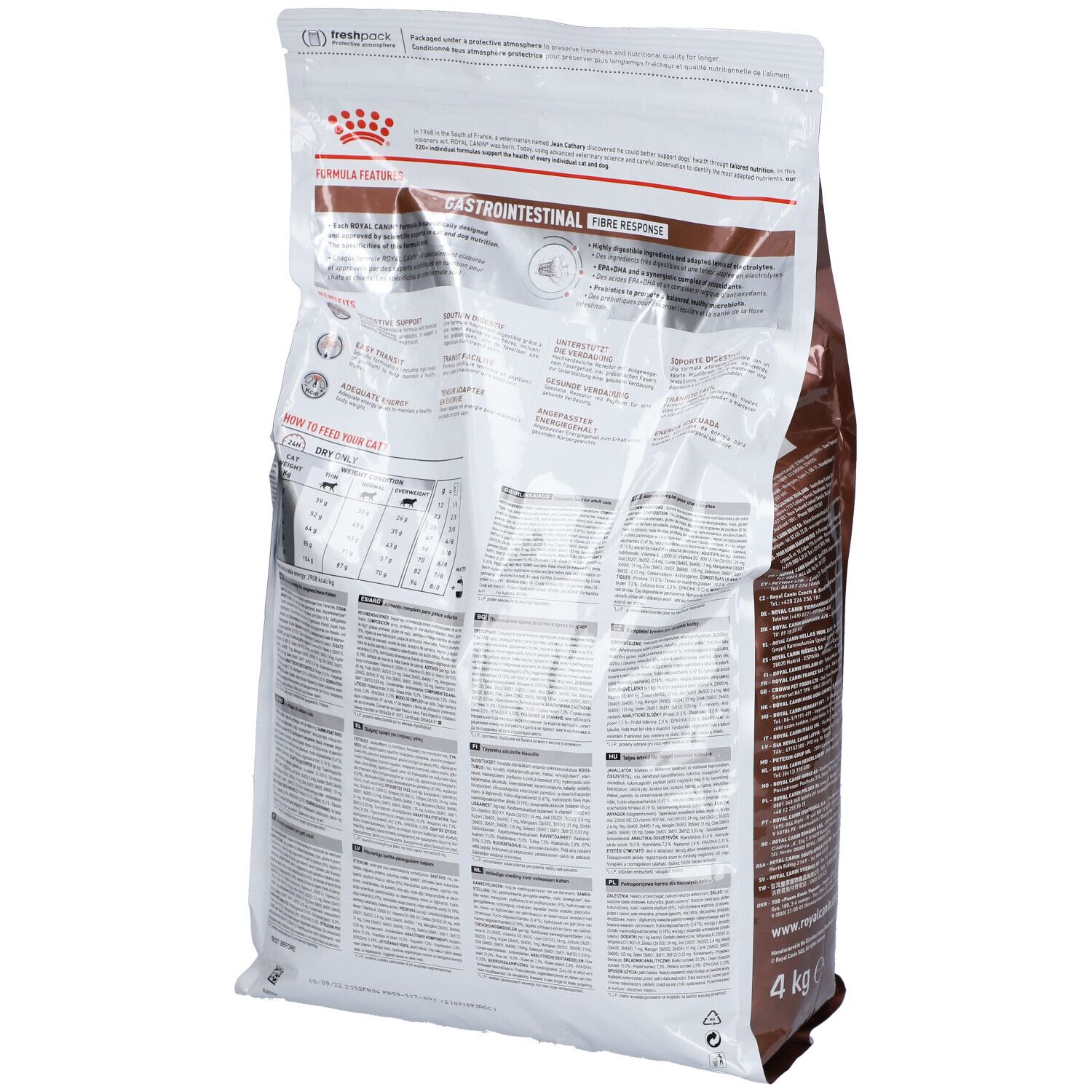 Rückseite des Beutels ROYAL CANIN Veterinary Gastrointestinal Fibre Response. Text und Informationen zum Produkt.